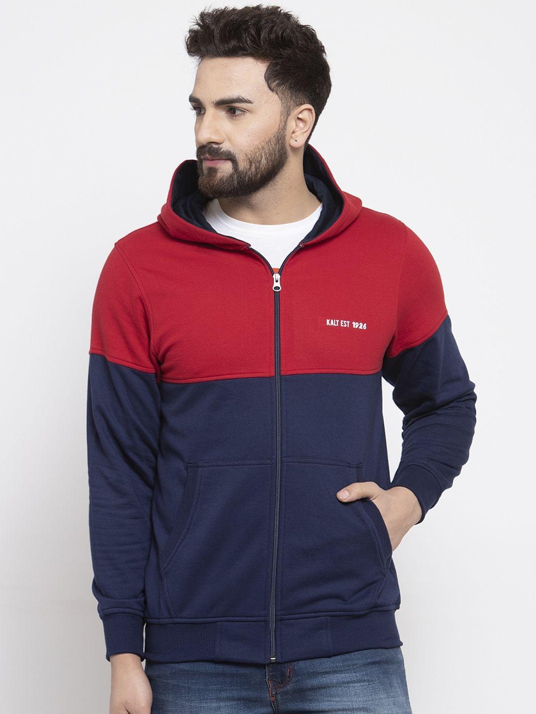 kalt men navy blue & red colourblocked sporty jacket