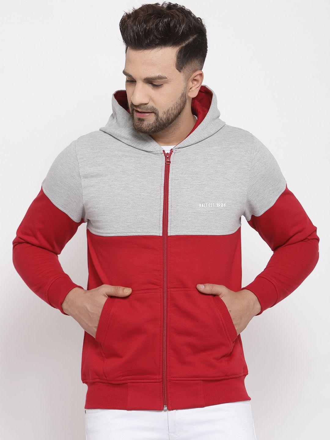 kalt men red & grey colourblocked fleece sporty jacket