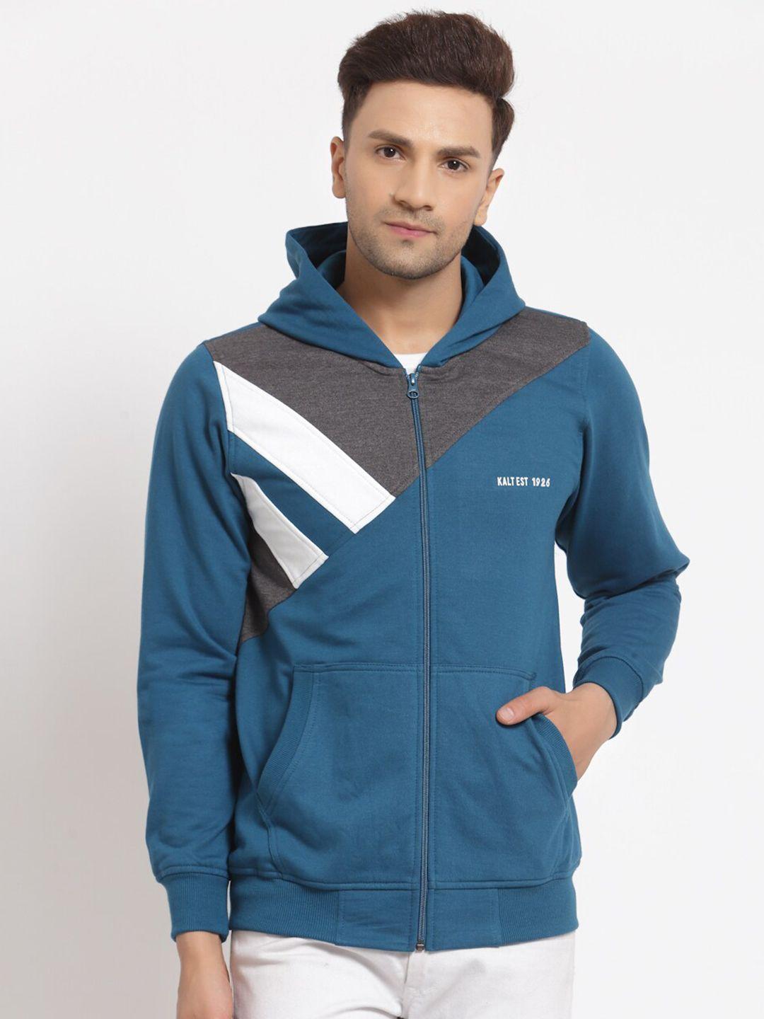 kalt men teal blue colourblocked hooded sweatshirt