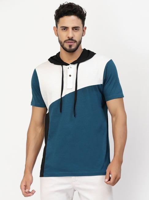 kalt multicolor cotton regular fit colour block hooded t-shirt