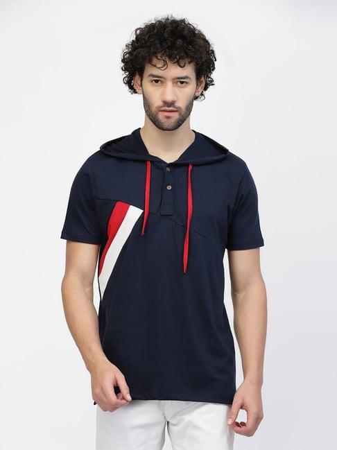 kalt navy regular fit colour-block hooded t-shirt