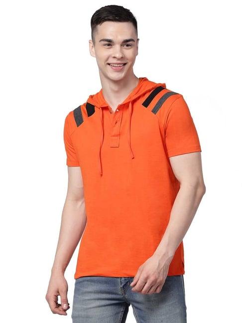 kalt orange regular fit striped hooded t-shirt