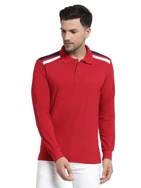 kalt red & navy shoulder striped polo t-shirt