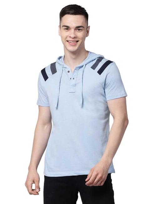 kalt sky blue regular fit striped hooded t-shirt