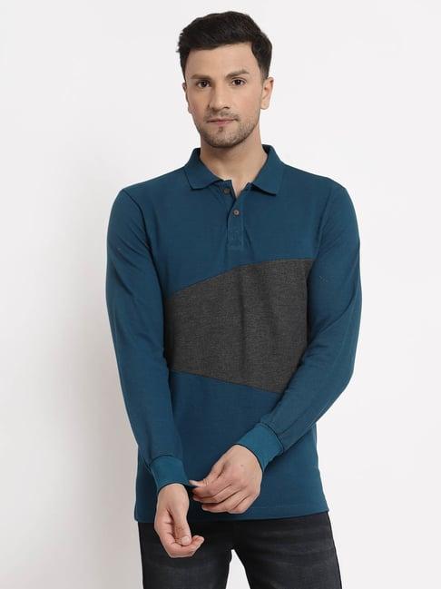 kalt teal & dark grey melange colour-block polo t-shirt