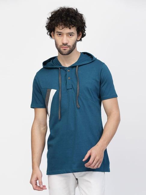 kalt teal regular fit colour-block hooded t-shirt