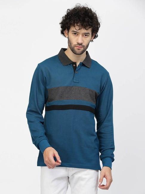 kalt teal regular fit striped polo t-shirt