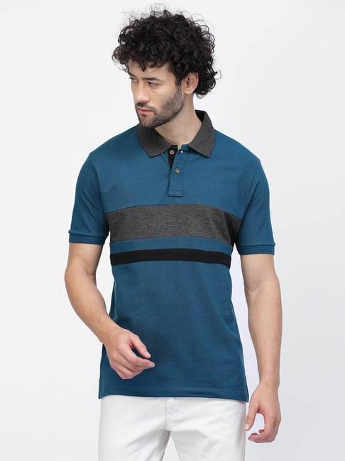 kalt teal regular fit striped polo t-shirt