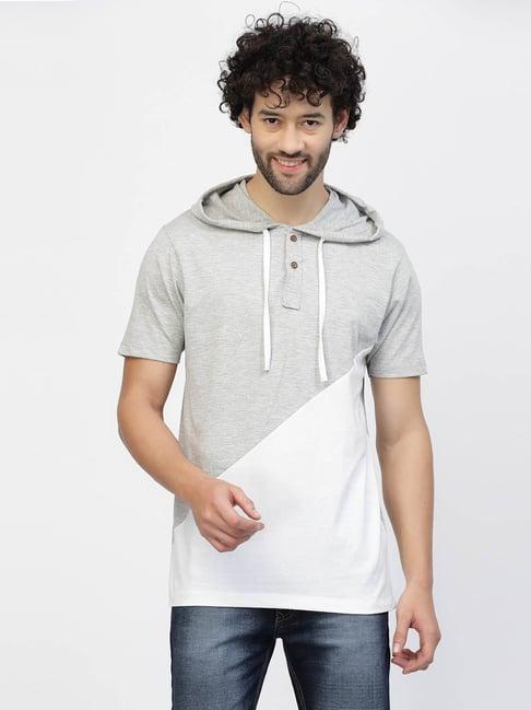 kalt white & light grey regular fit colour-block hooded t-shirt