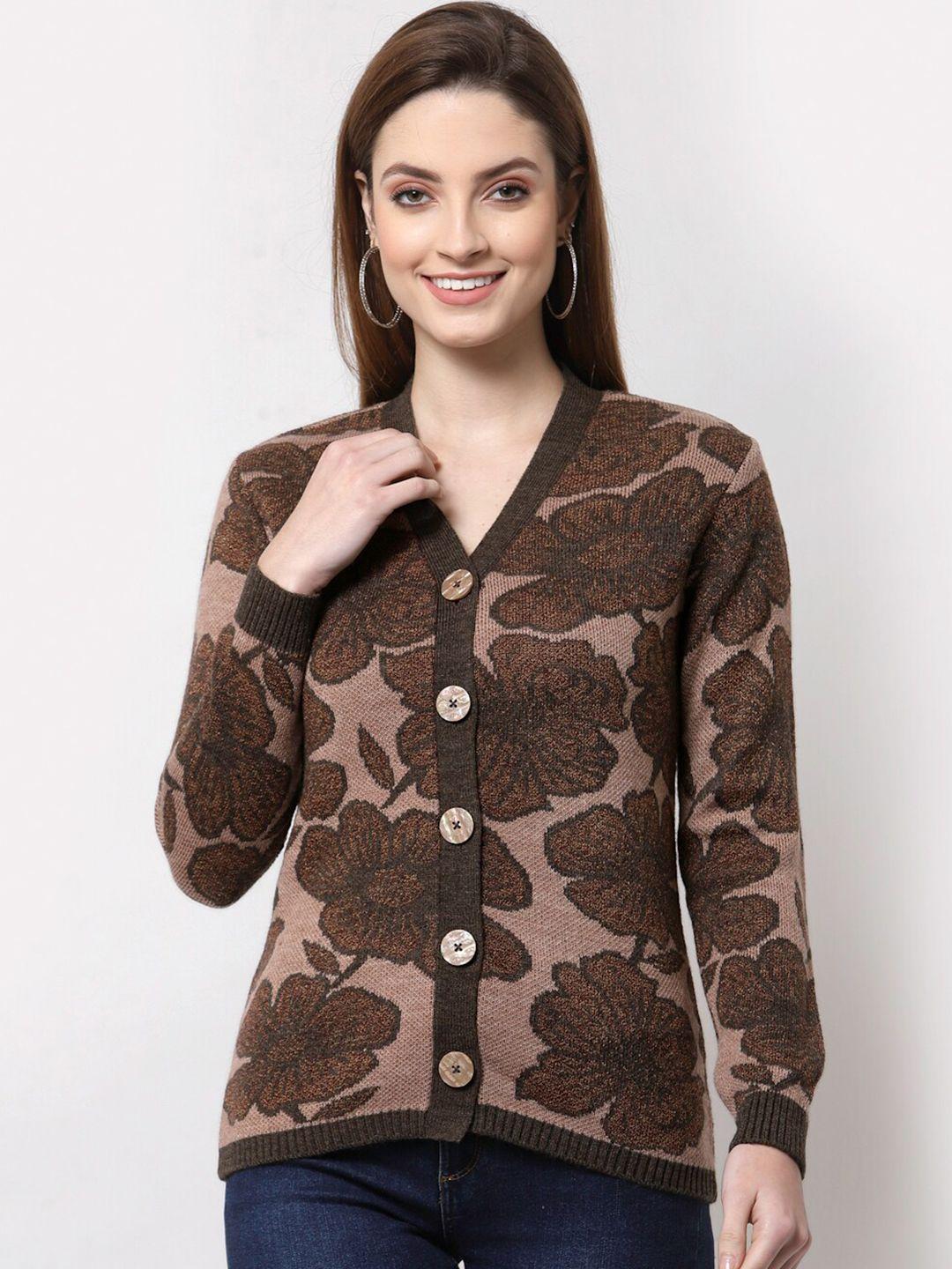 kalt women brown & beige floral printed acrylic cardigan