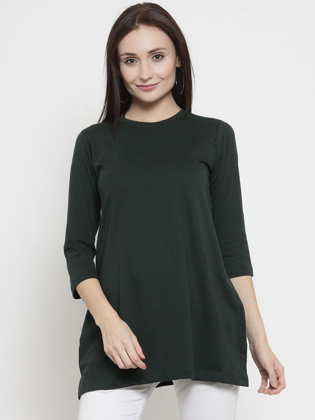 kalt women green solid round neck longline t-shirt