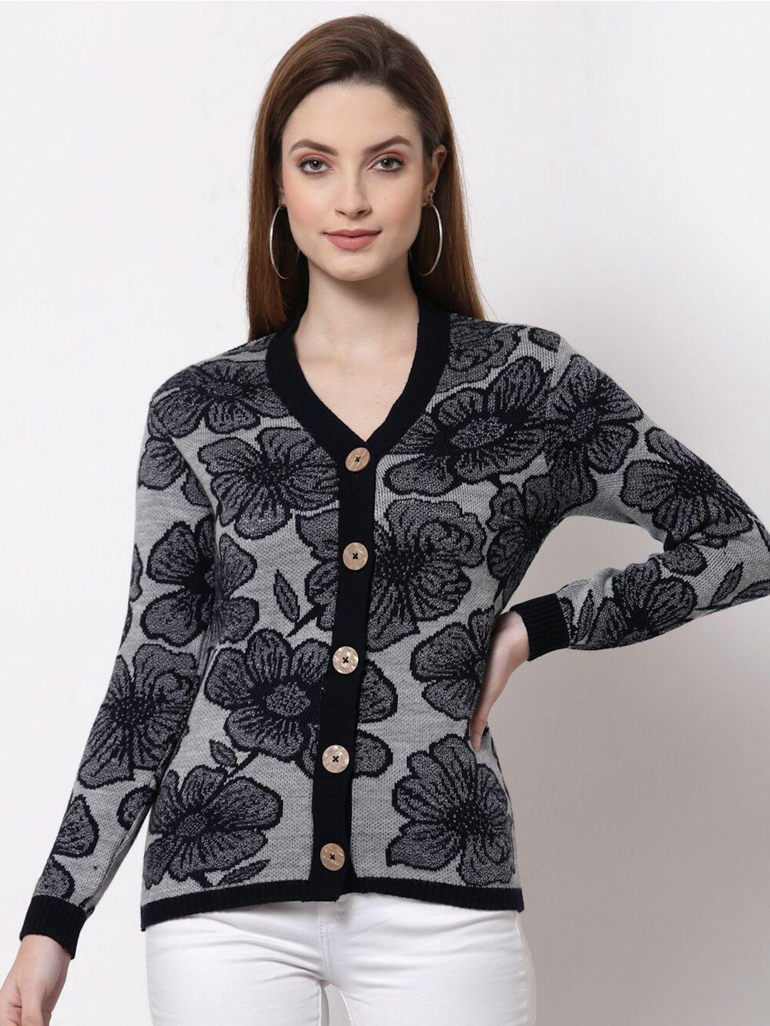 kalt women grey & black floral printed cardigan