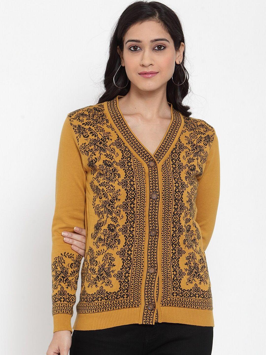 kalt women mustard & black floral cotton cardigan