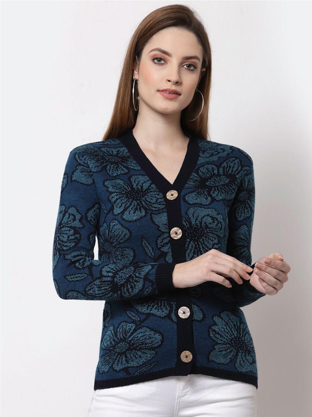 kalt women navy blue & black floral cardigan