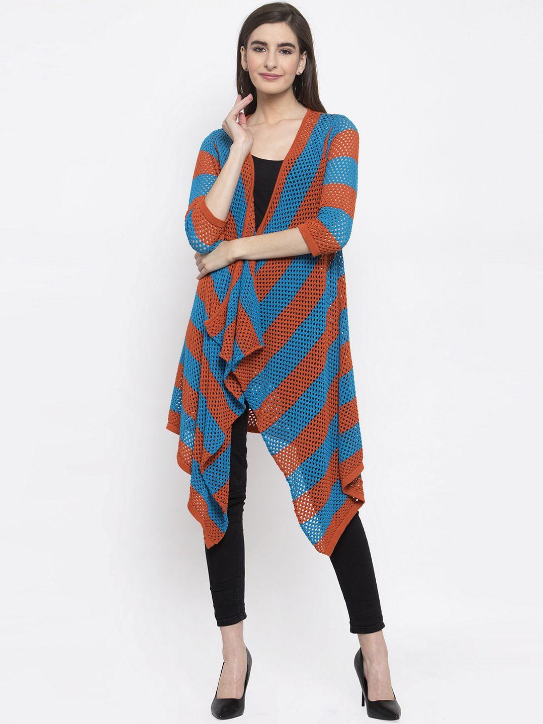 kalt women orange & blue self design open front shrug