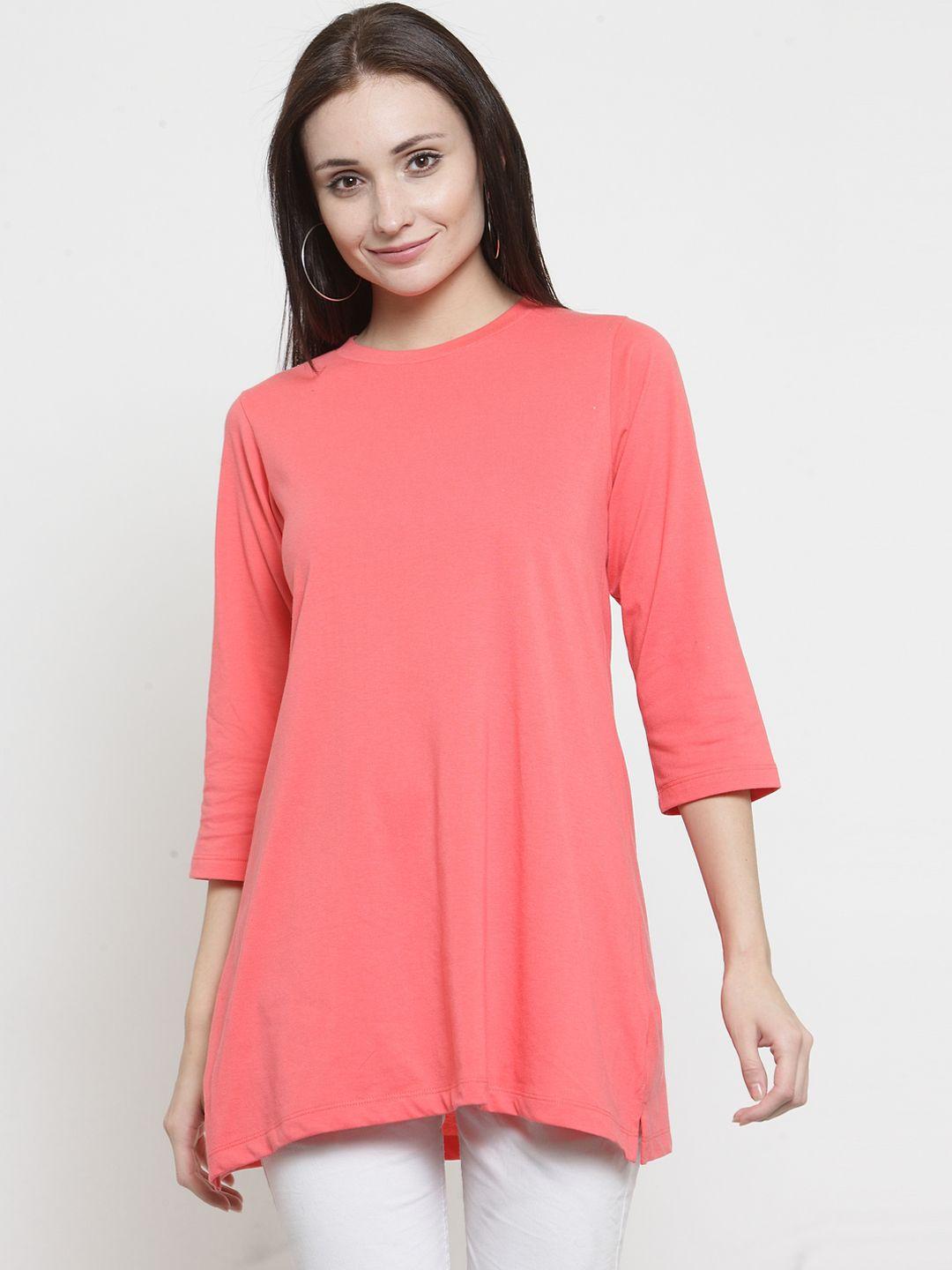 kalt women peach-coloured solid round neck t-shirt