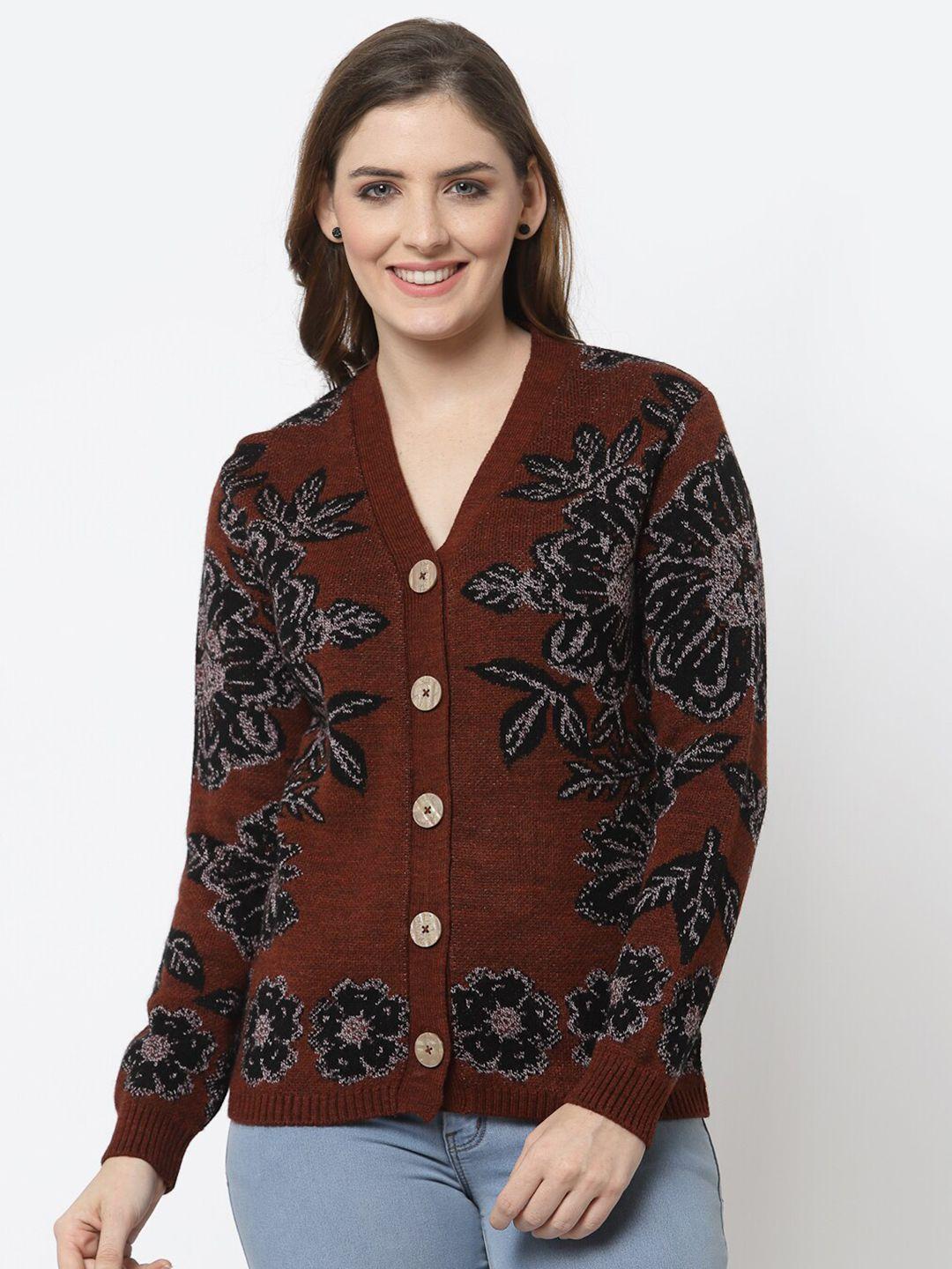 kalt women rust & black floral printed cardigan