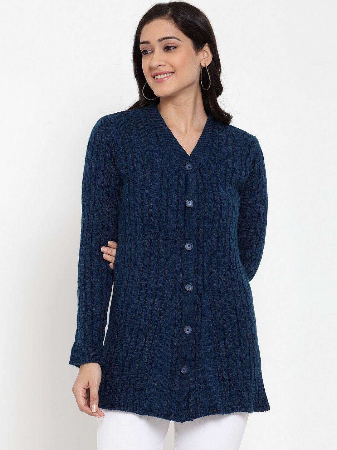 kalt women teal blue self design cardigan sweater