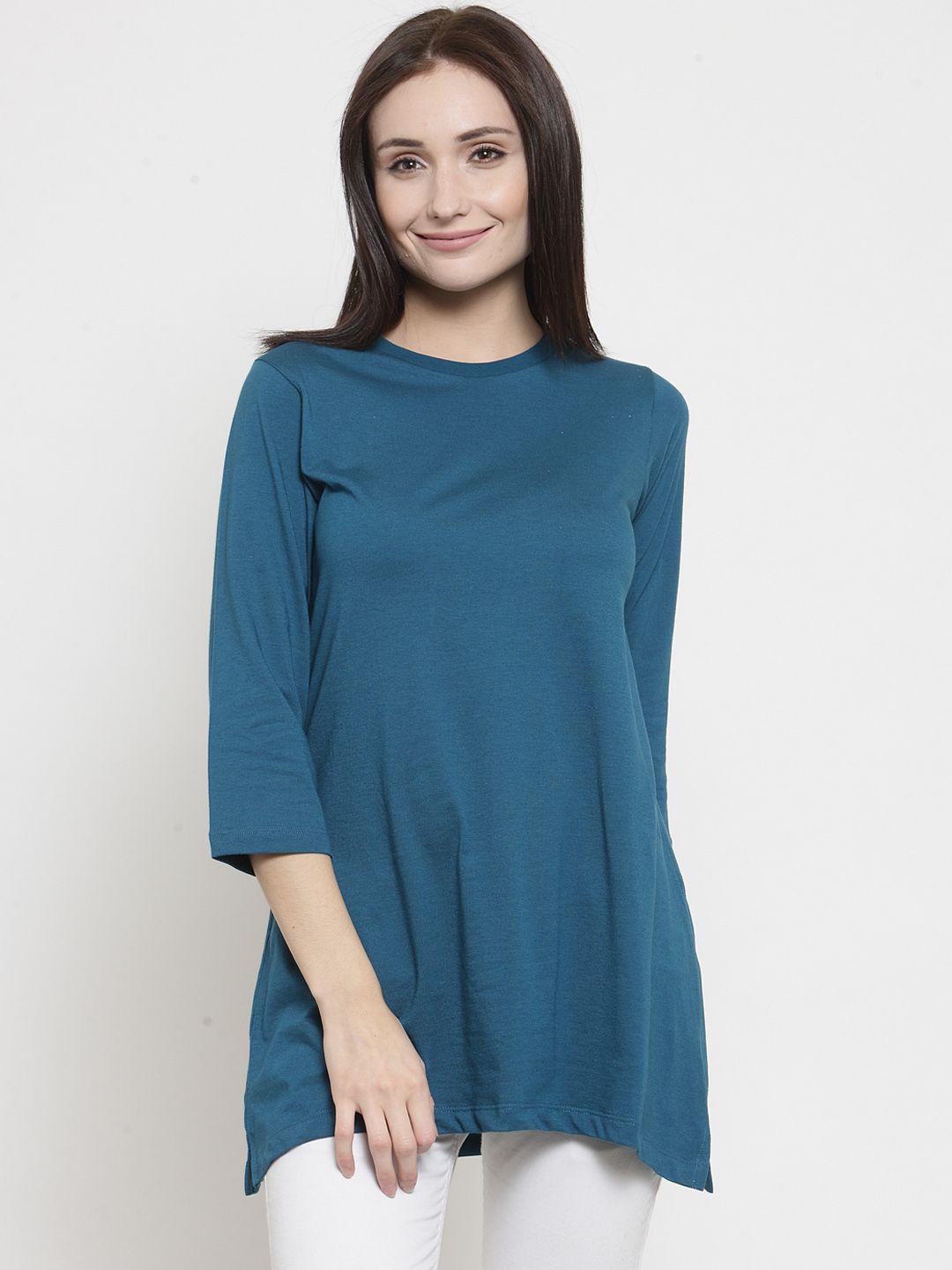 kalt women teal solid round neck t-shirt