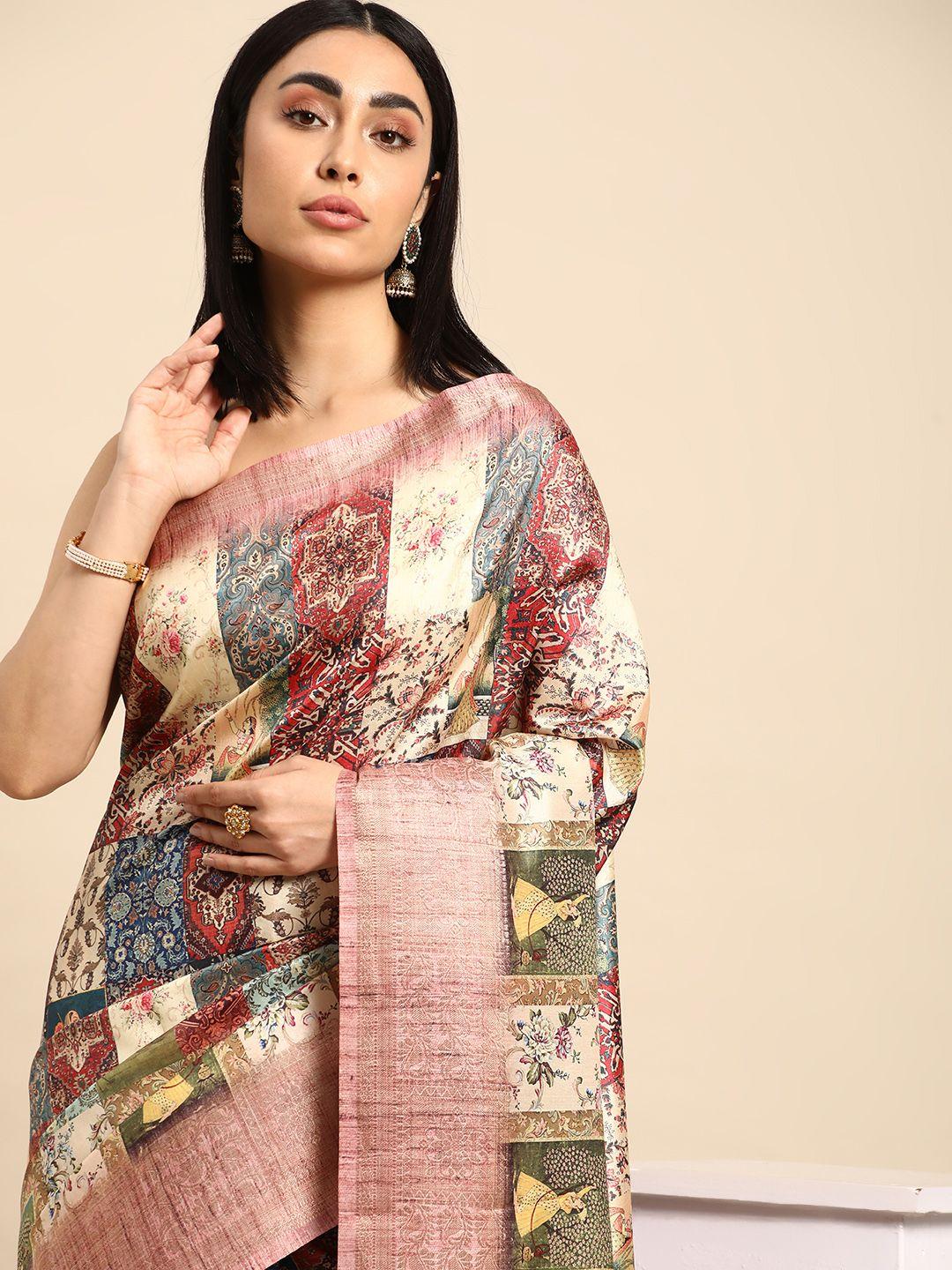 kalyan silks ethnic motifs print zari pure silk tussar saree