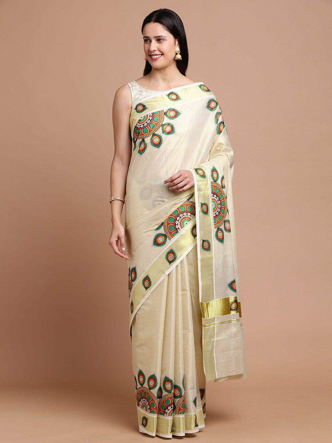 kalyan silks ethnic motifs printed zari silk cotton saree