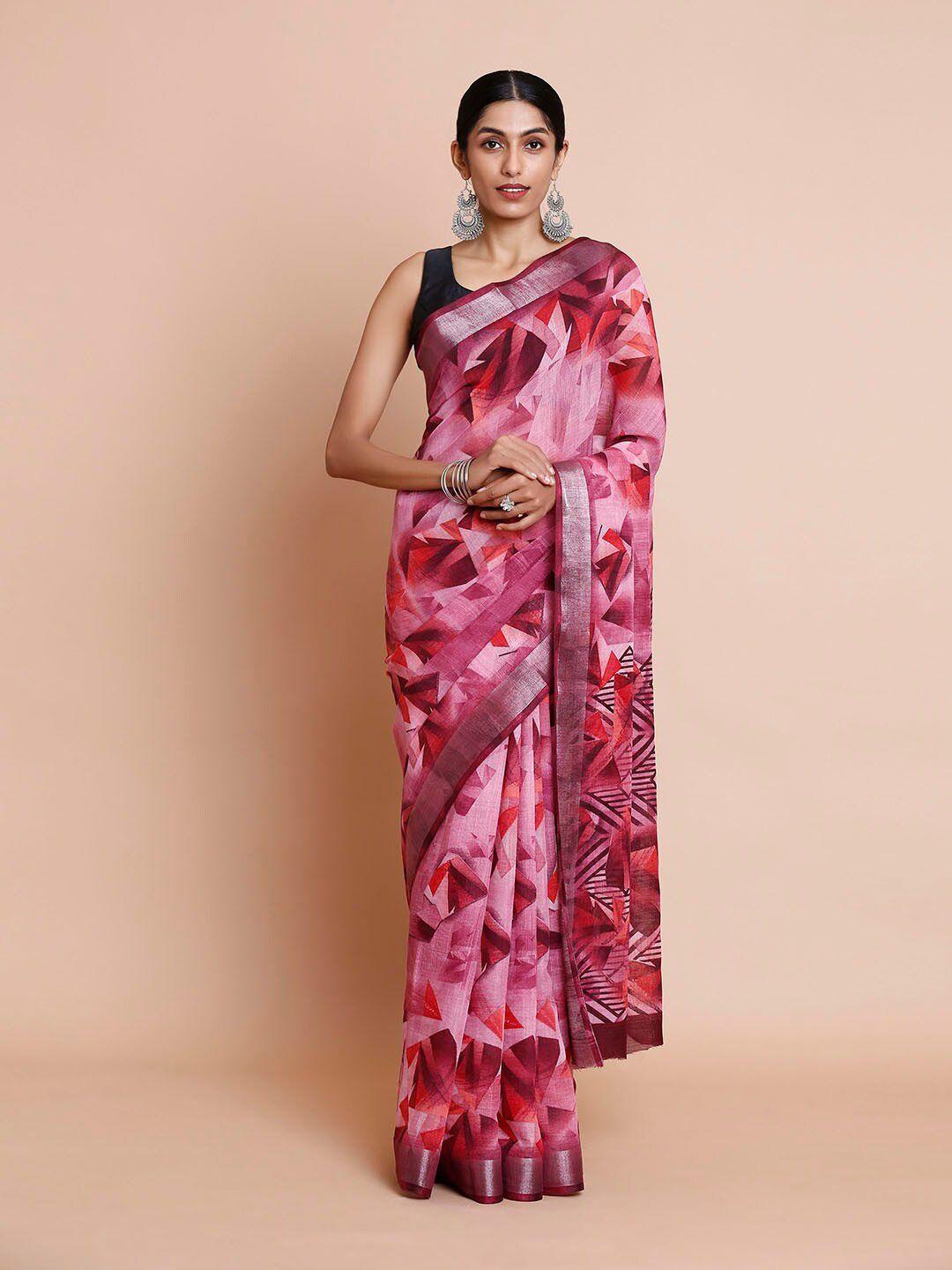 kalyan silks geometric printed zari linen bagru saree