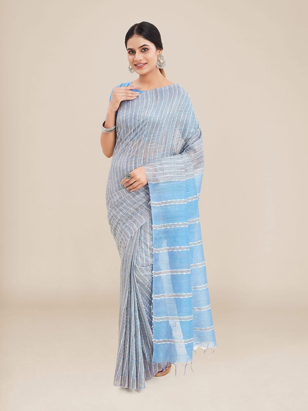 kalyan silks grey & blue woven design jute silk tussar saree