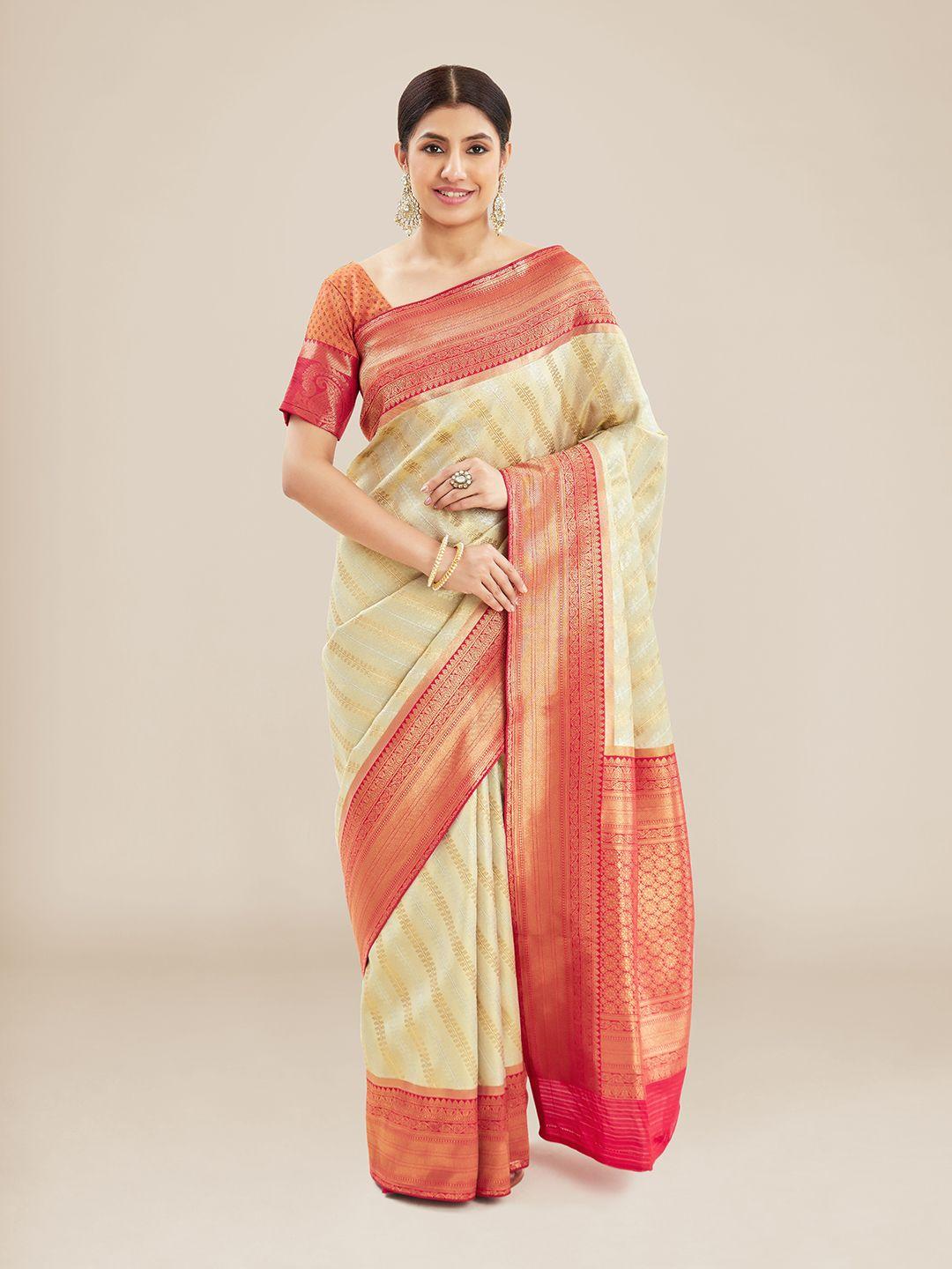 kalyan silks beige & red woven design zari silk blend mysore silk saree