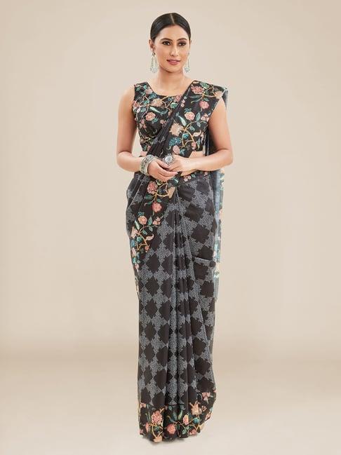 kalyan silks black floral print saree with unstitched blouse