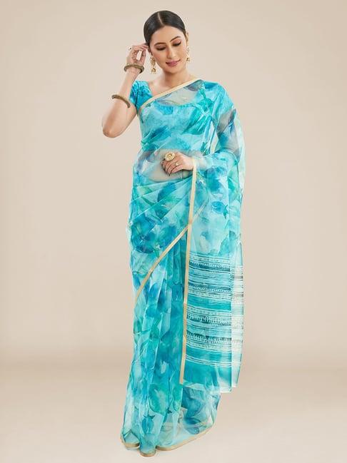 kalyan silks blue floral print saree with unstitched blouse