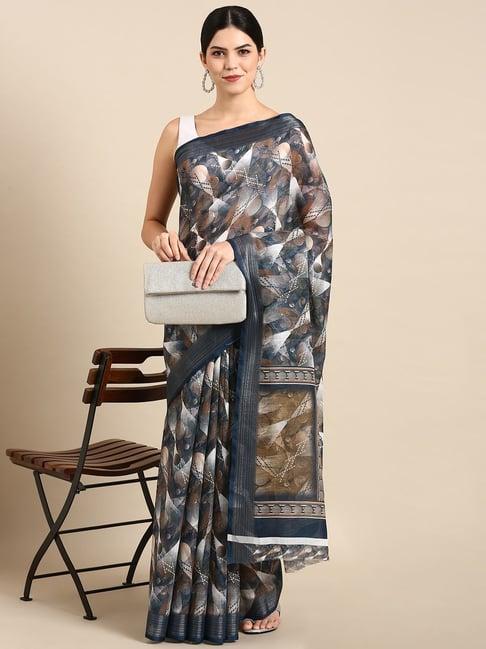 kalyan silks blue linen printed saree with unstitched blouse