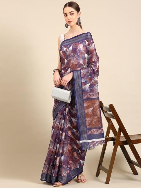 kalyan silks blue linen printed saree with unstitched blouse