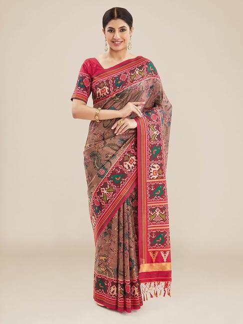 kalyan silks brown floral print saree with unstitched blouse