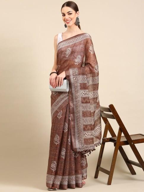 kalyan silks brown silk printed saree with unstitched blouse