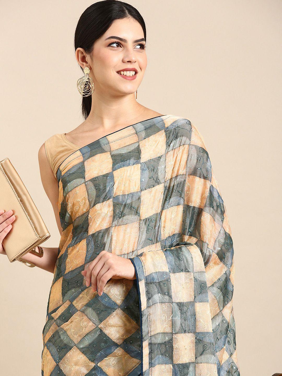 kalyan silks checked embroidered pure georgette saree