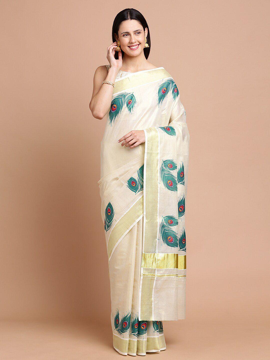 kalyan silks ethnic motifs printed zari silk cotton saree