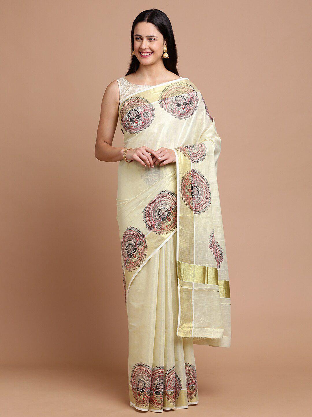 kalyan silks ethnic motifs printed zari silk cotton saree