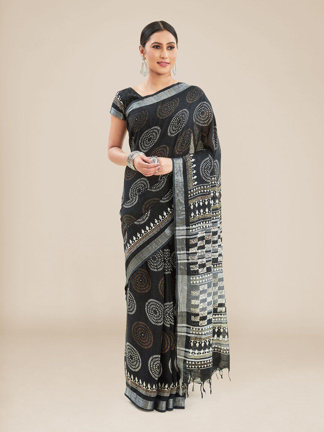 kalyan silks ethnic motifs zari linen blend block print saree