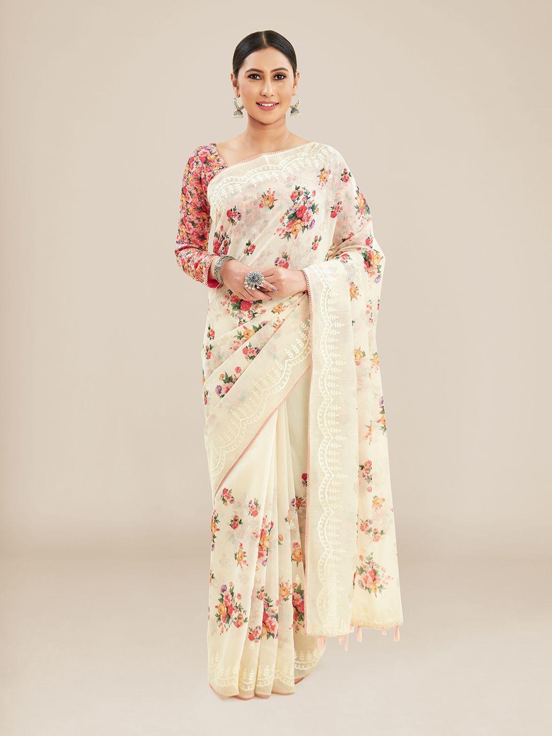 kalyan silks floral embroidered linen blend bhagalpuri saree