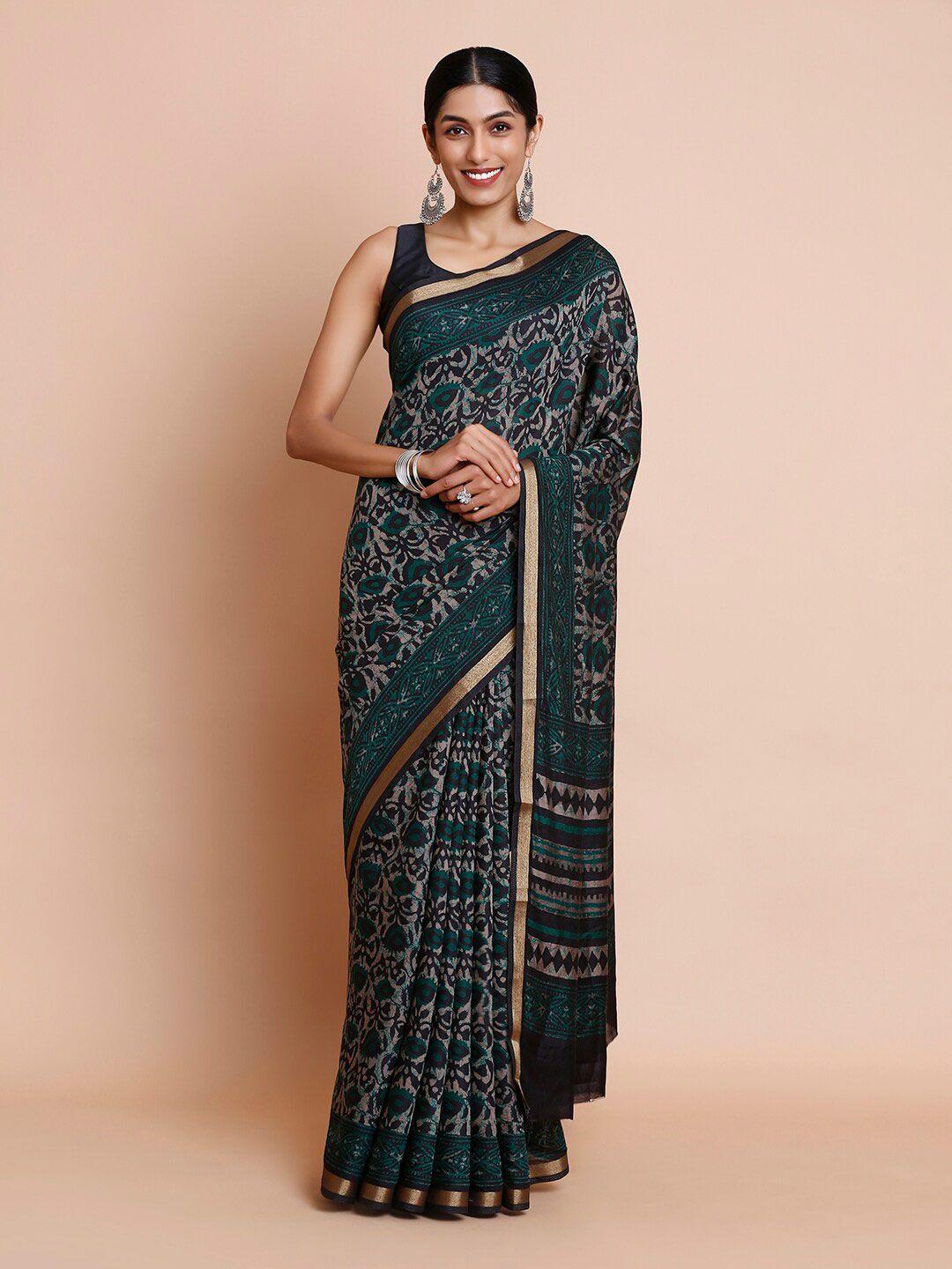 kalyan silks floral printed zari linen ikat saree