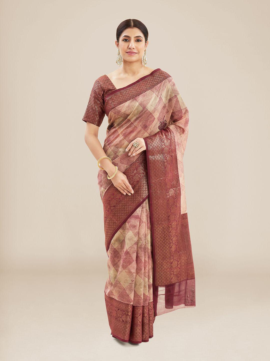 kalyan silks geometric printed zari chanderi saree