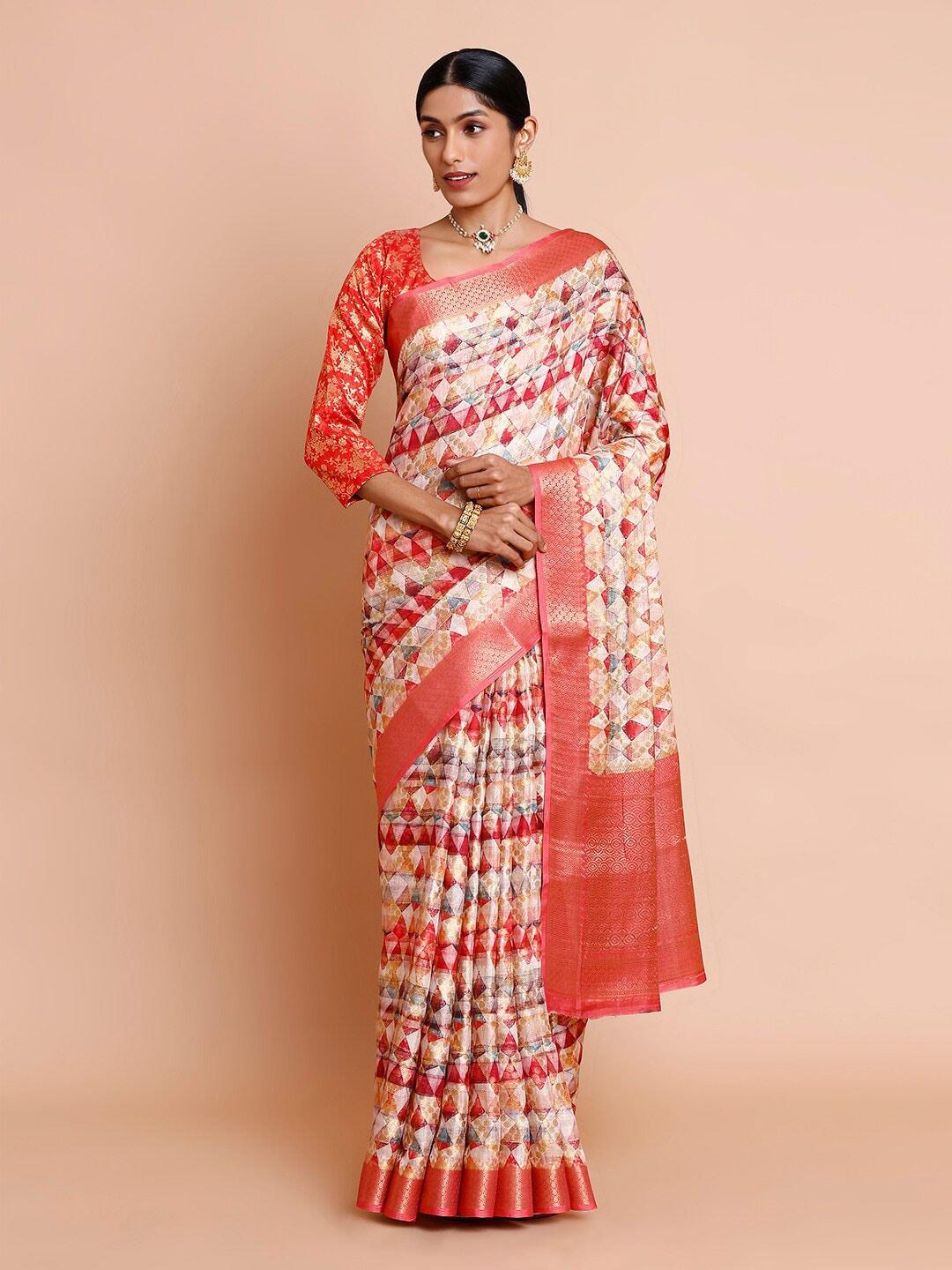 kalyan silks geometric printed zari paithani saree
