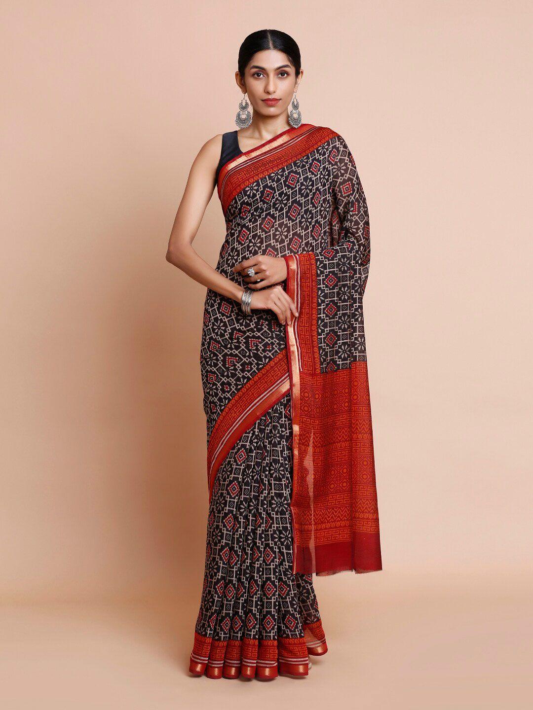 kalyan silks geometric printed zari pure cotton murshidabad silk saree