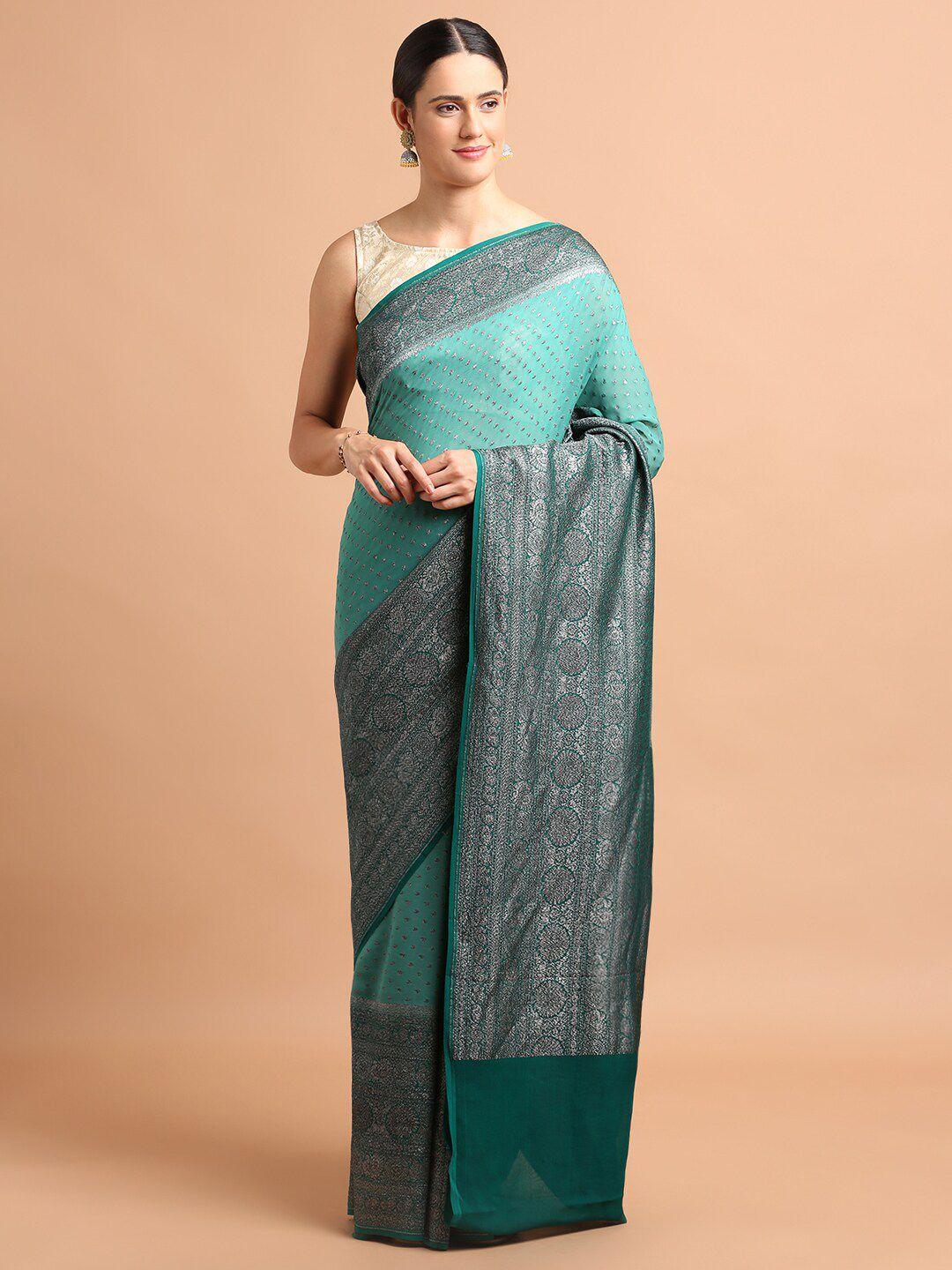 kalyan silks green & silver-toned woven design zari pure georgette saree