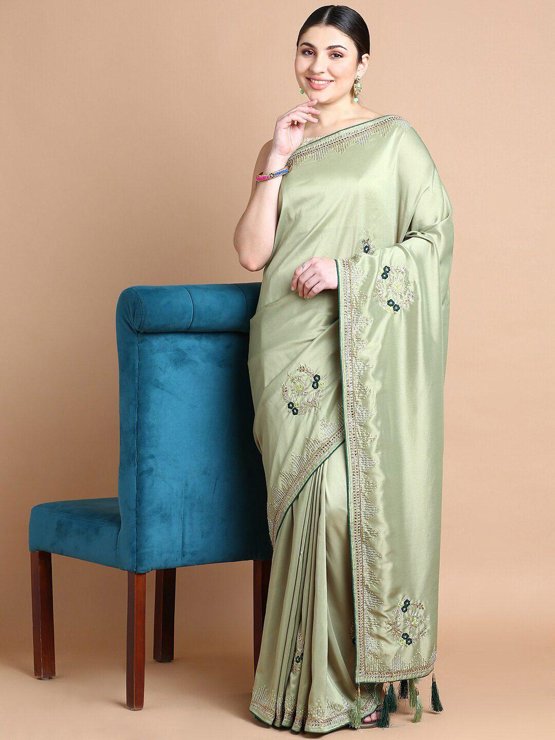 kalyan silks green ethnic motifs embroidered satin saree