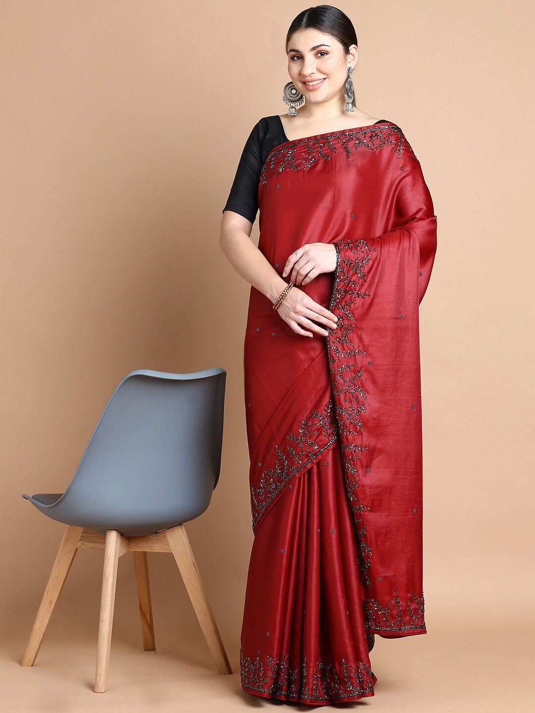 kalyan silks maroon & black embellished embroidered silk blend tussar saree