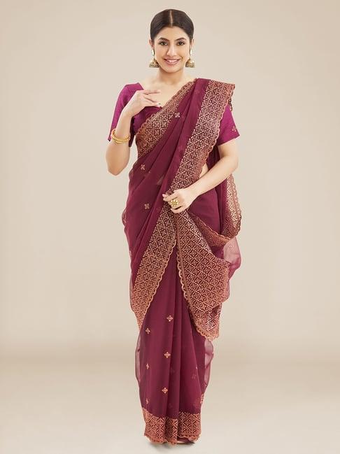 kalyan silks maroon embellished saree with unstitched blouse