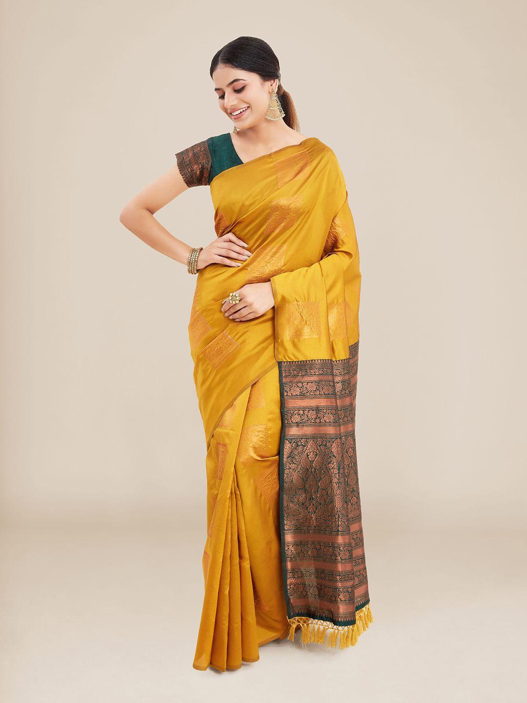kalyan silks mustard & green woven design art silk saree