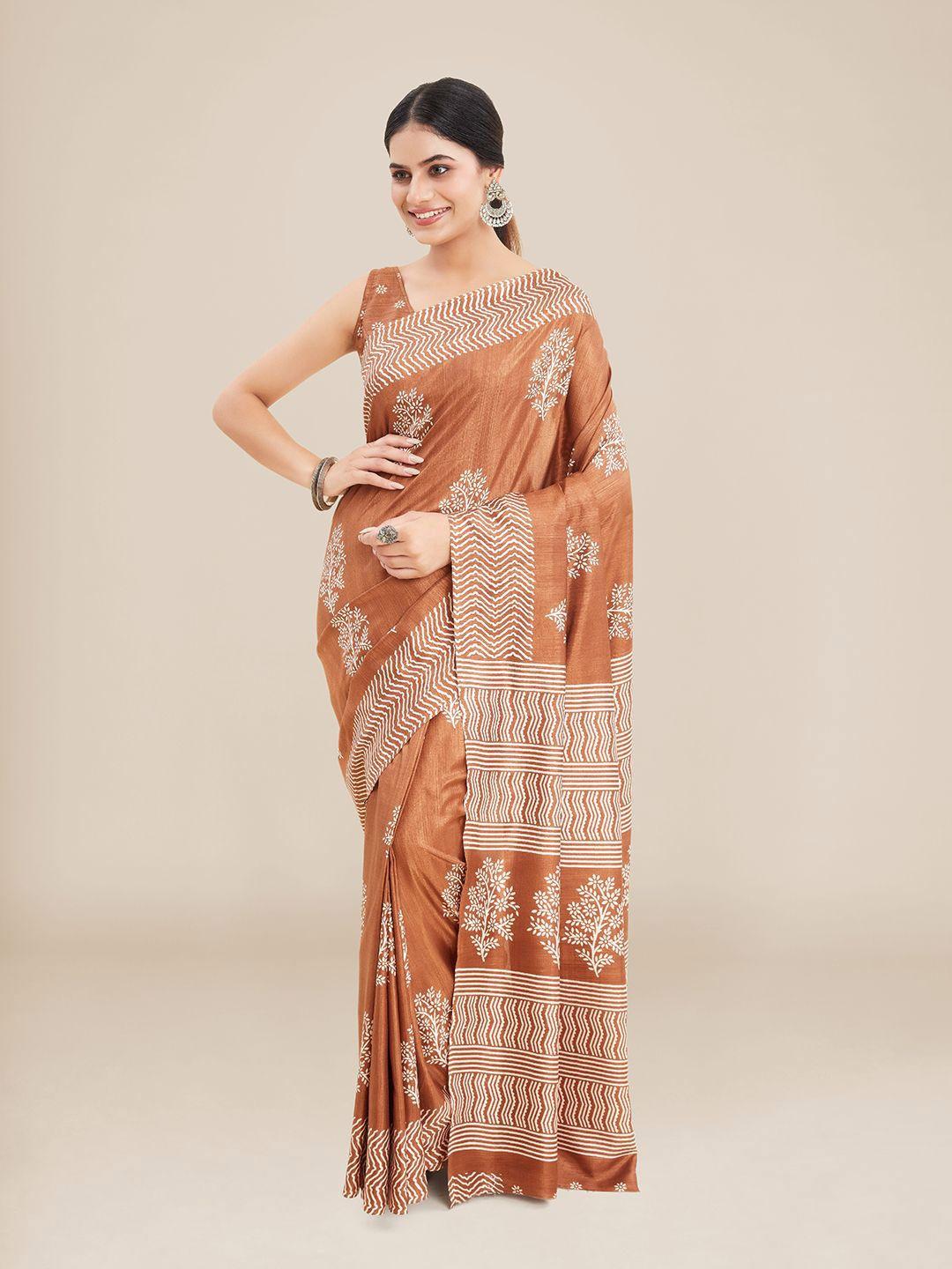 kalyan silks rust & white floral tussar saree