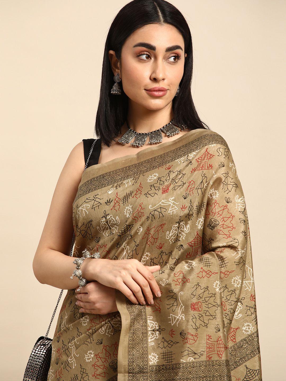 kalyan silks warli printed pure silk tussar saree